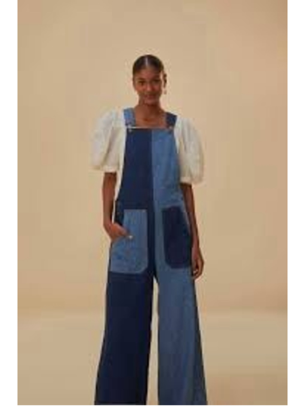 FARM RIO Two-Tone Patch Denim Overalls Colorblock Wide Leg Blue Size Small